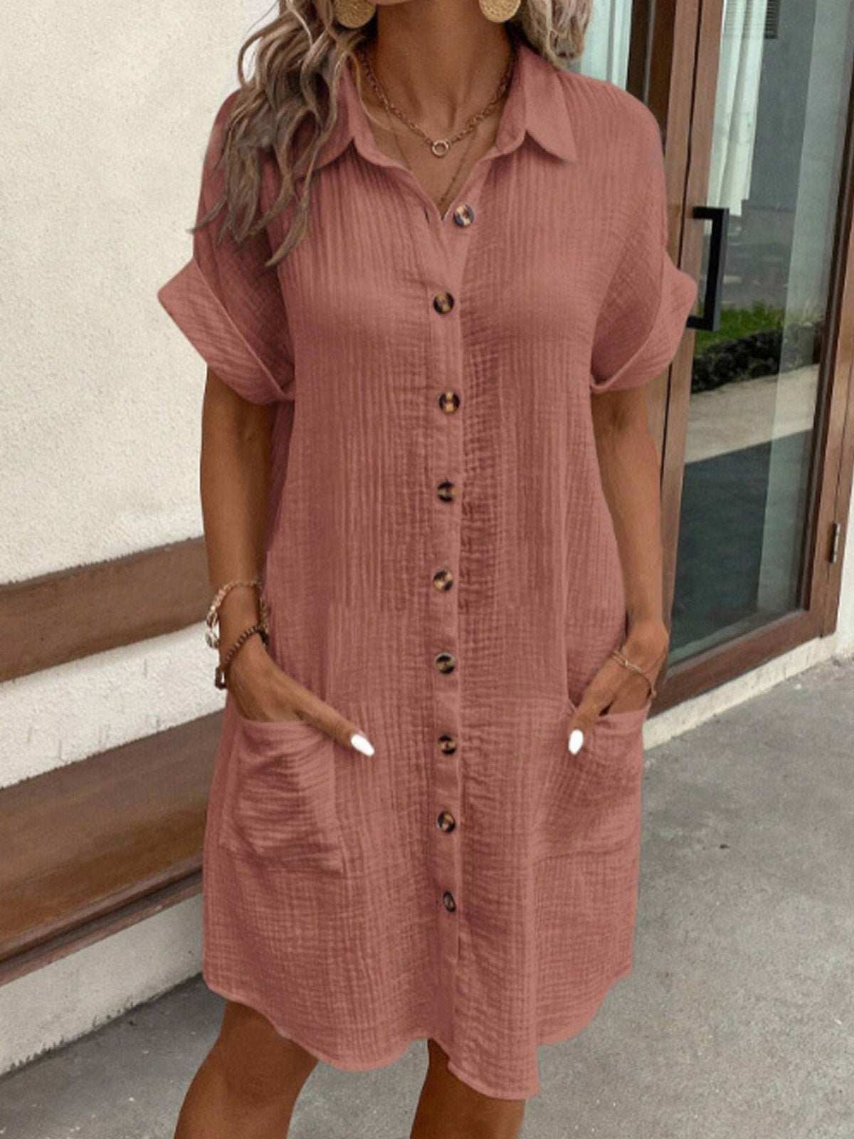 Women's Button-Down Short Sleeve Shirt Dress with Front Pockets