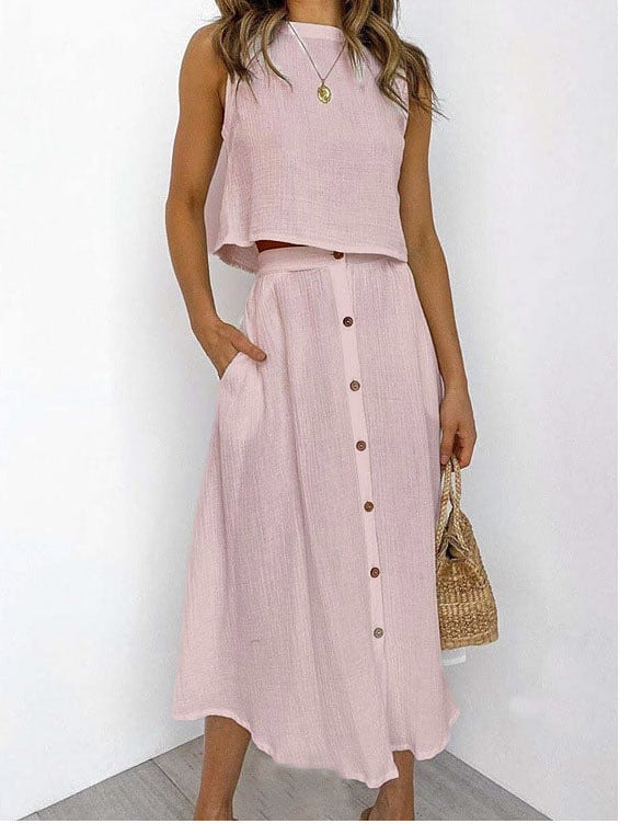 Women's Two-Piece Sleeveless Top and Button-Front Midi Skirt Set