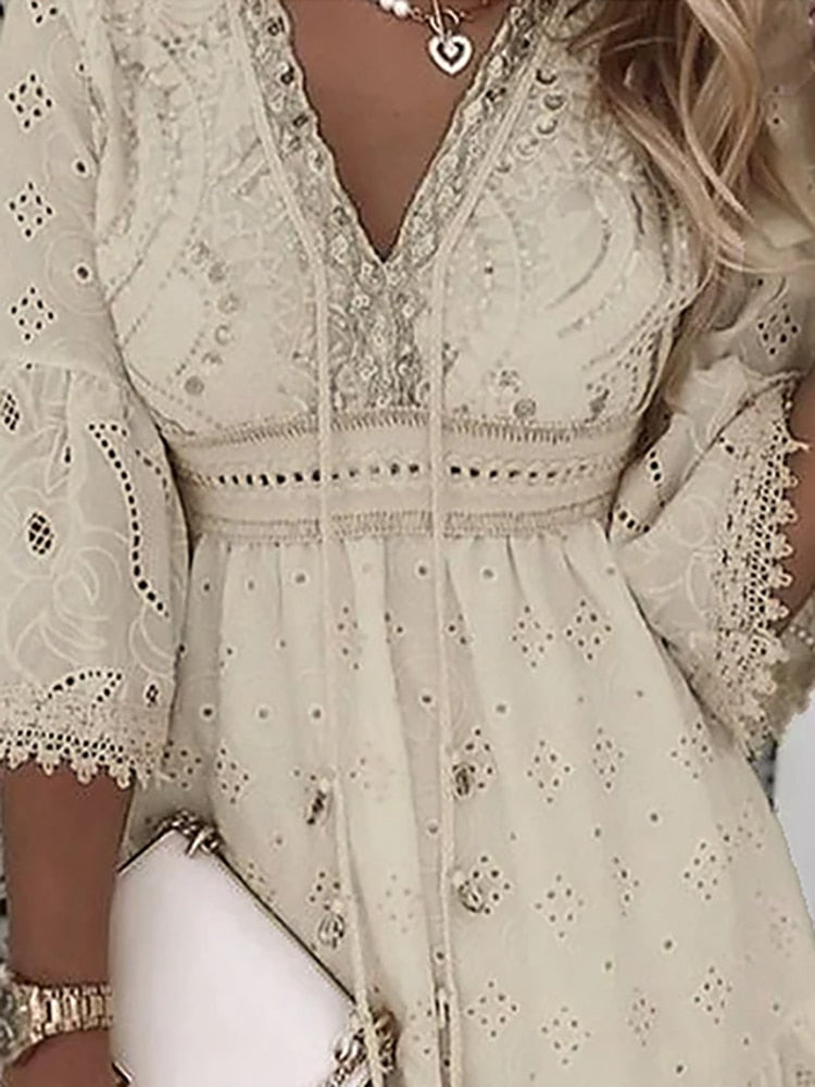 Women's Boho Mini Dress with Bell Sleeves and Embroidered Details