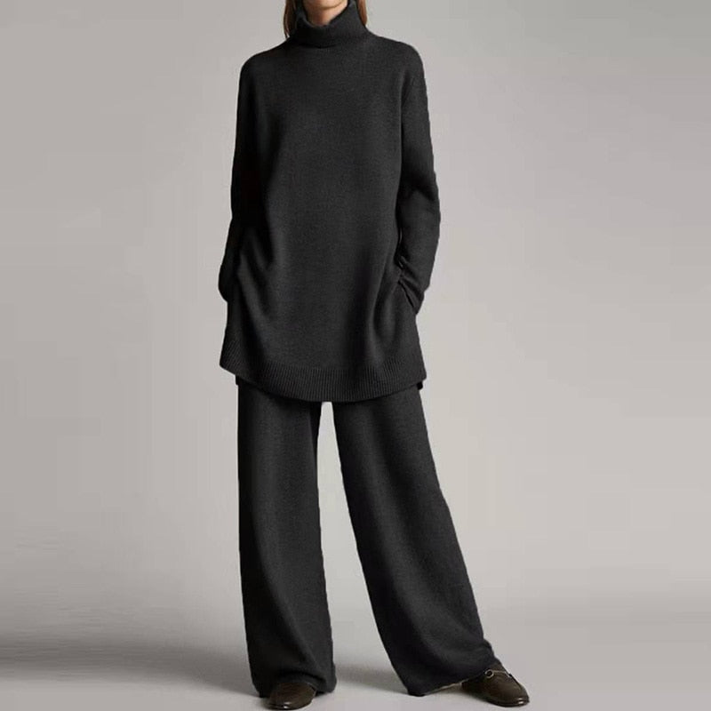 Women's 2-Piece Turtleneck Loungewear Set with Wide-Leg Pants