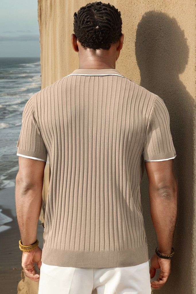 Men's Ribbed Short-Sleeve Zip Polo Shirt with Contrast Trim