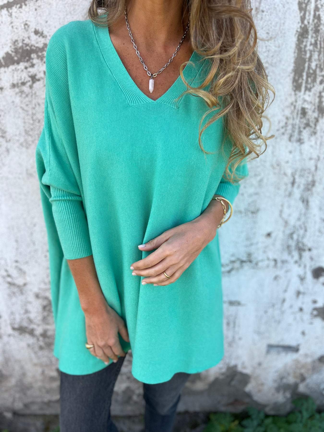 Women’s Oversized V-Neck Shirt with Drop Shoulders and Long Sleeves