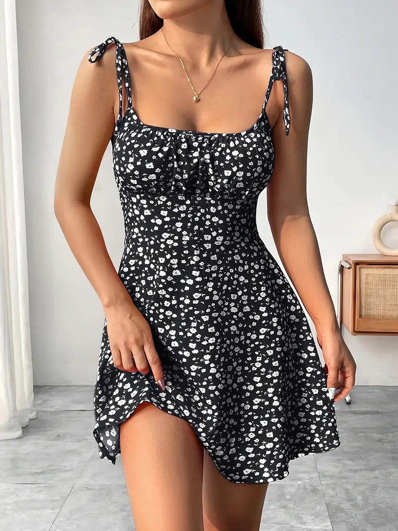 Women's Floral Mini Dress with Tie Straps and Flared Hem