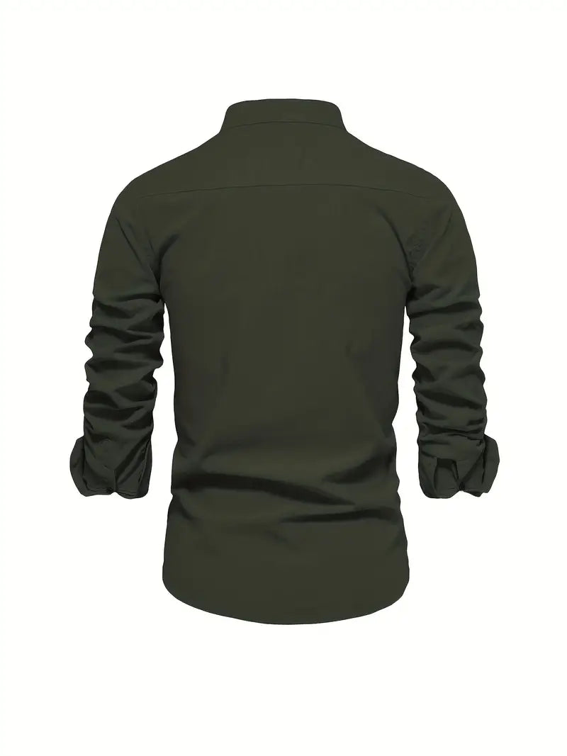 Men's Long-Sleeve Button-Up Shirt with Mandarin Collar and Logo