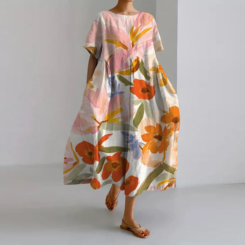Women's V-Neck Floral Maxi Dress with Relaxed Fit and 3/4 Sleeves