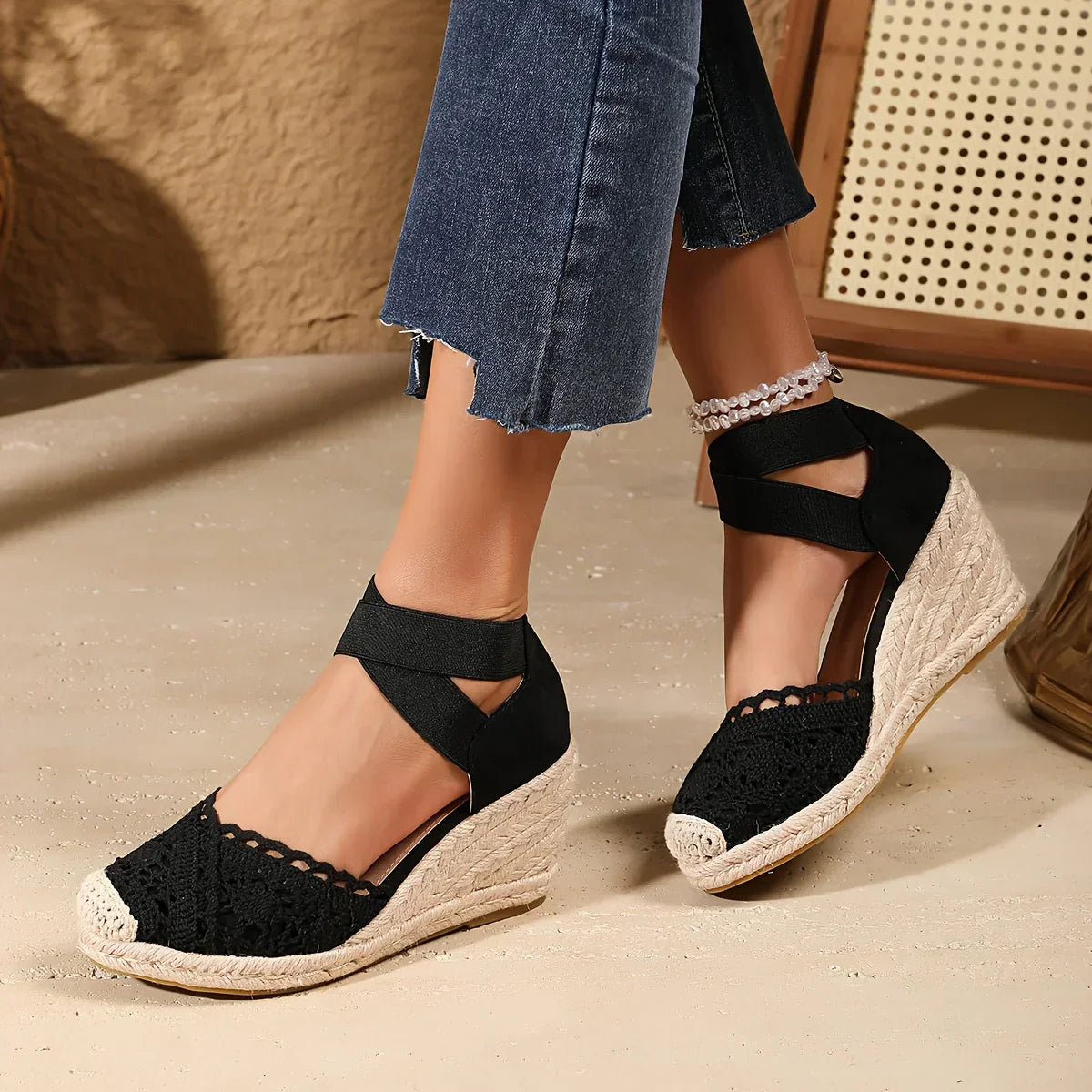 Women's Wedge Espadrille Sandals with Crochet Detail and Straps