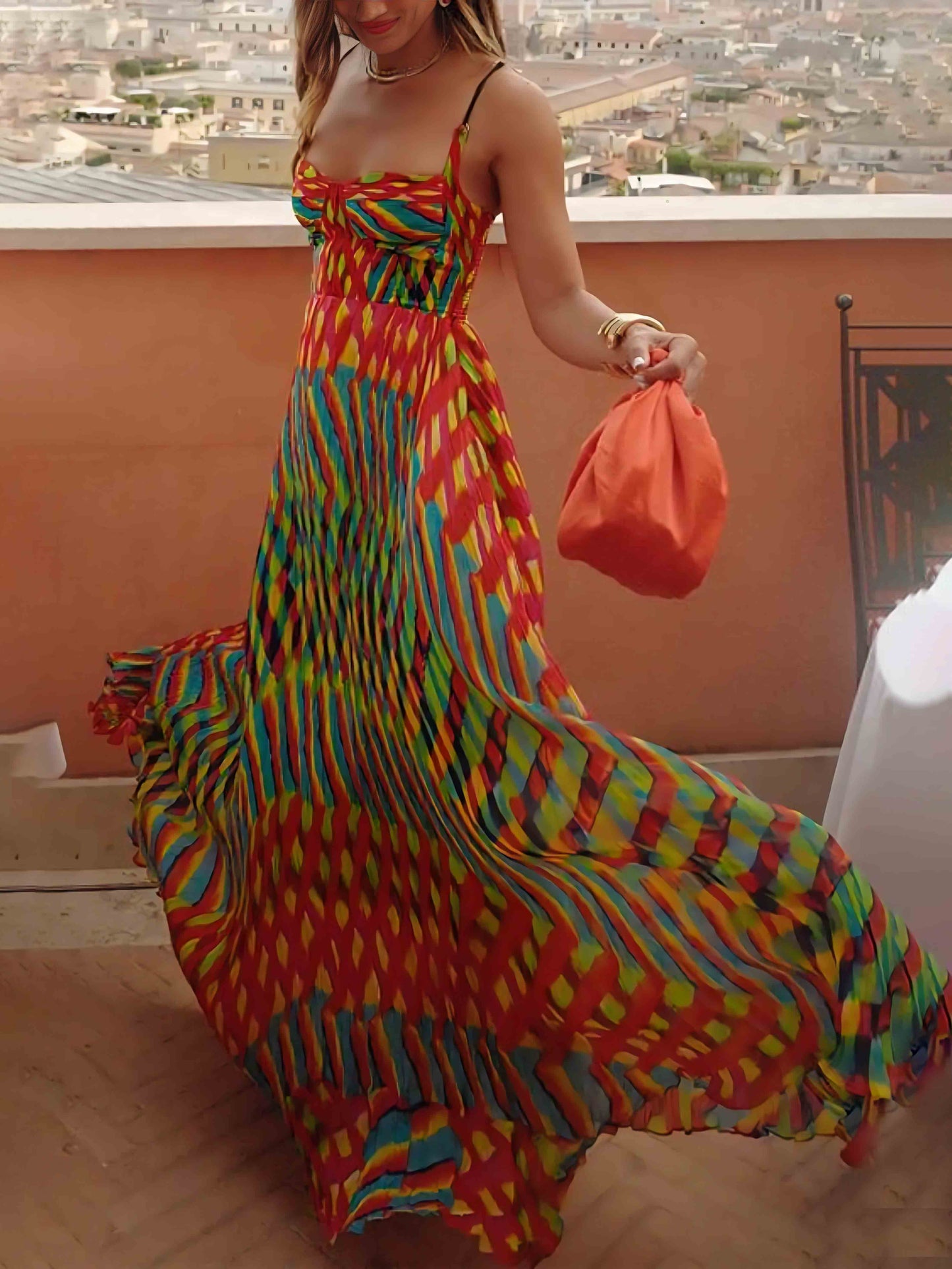 Women's Spaghetti Strap Maxi Dress with Multicolor Print and A-Line Silhouette