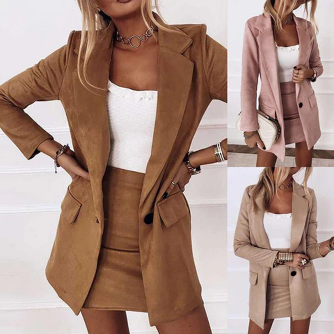 Women's Two-Piece Blazer and Mini Skirt Set with Single Button
