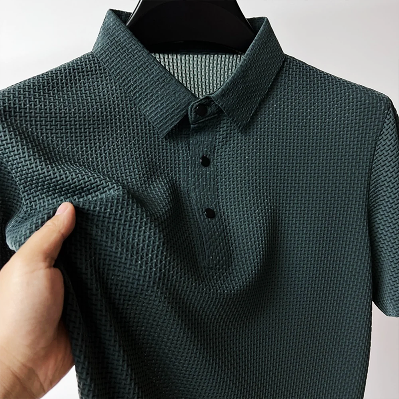 Men's Textured Short Sleeve Polo Shirt with Modern Button Detail