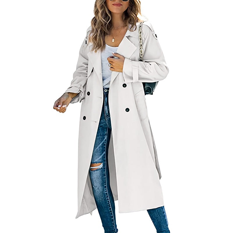 Women's Double-Breasted Long Trench Coat with Belted Cuffs