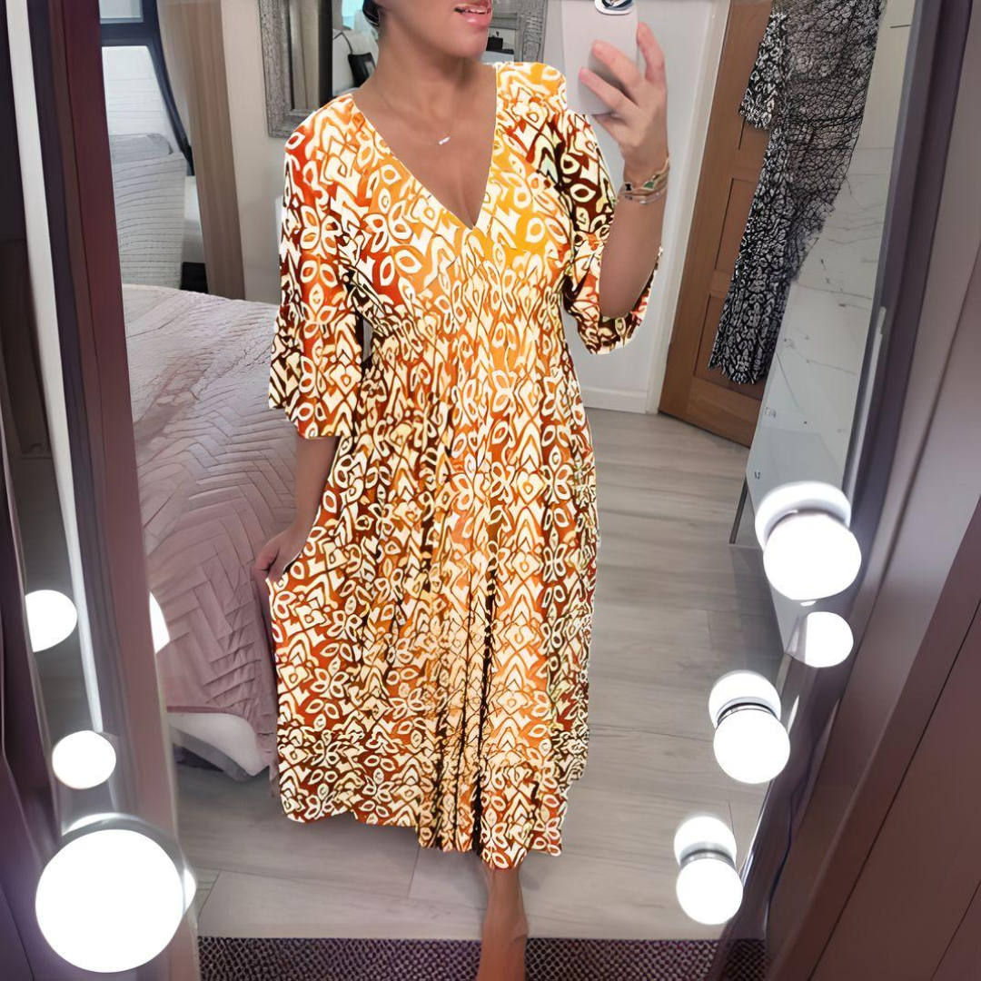 Women's V-Neck Maxi Dress with Boho Print