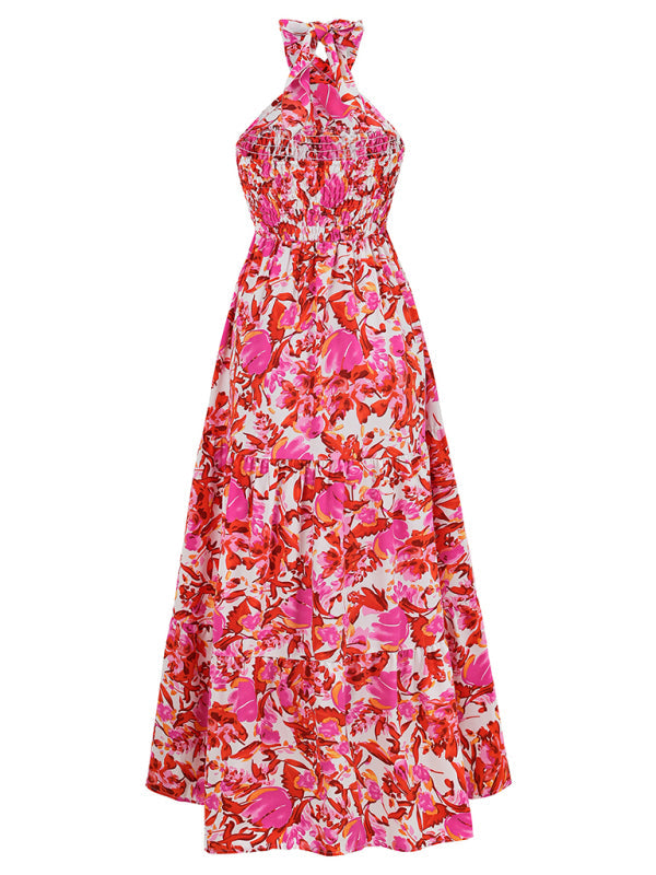 Women's Halter Neck Maxi Dress with Tropical Print and Shirred Waist