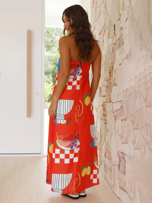 Women's Tropical Print Strapless Maxi Dress with Flowy Design