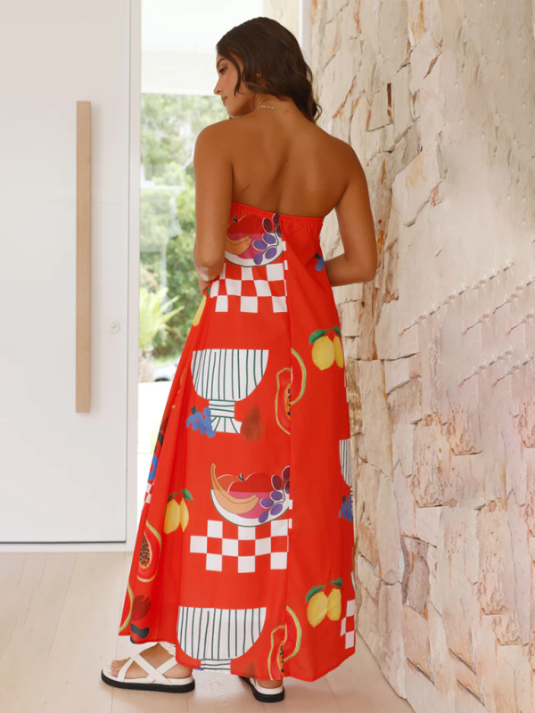 Women's Tropical Print Strapless Maxi Dress with Flowy Design