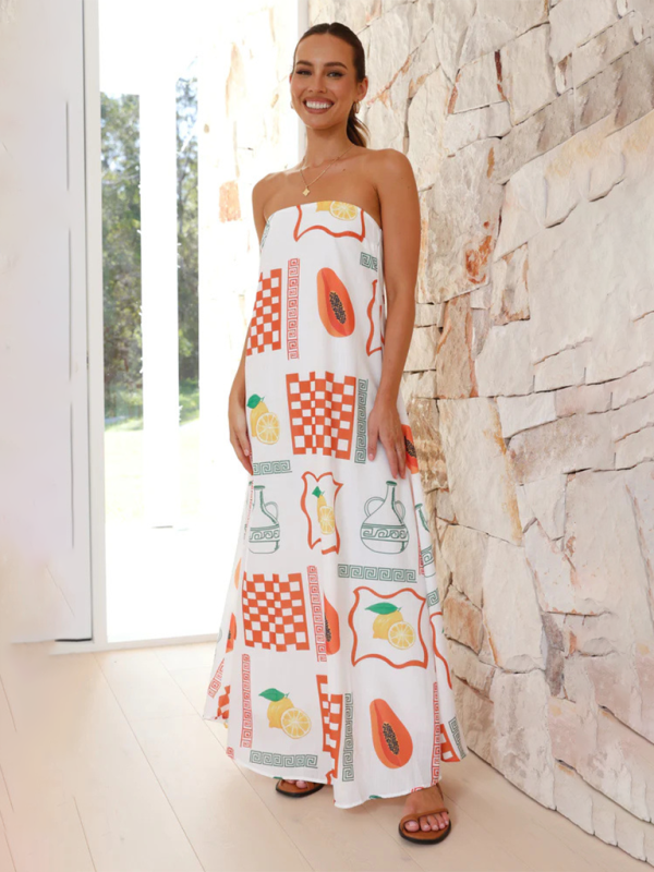 Women's Tropical Print Strapless Maxi Dress with Flowy Design