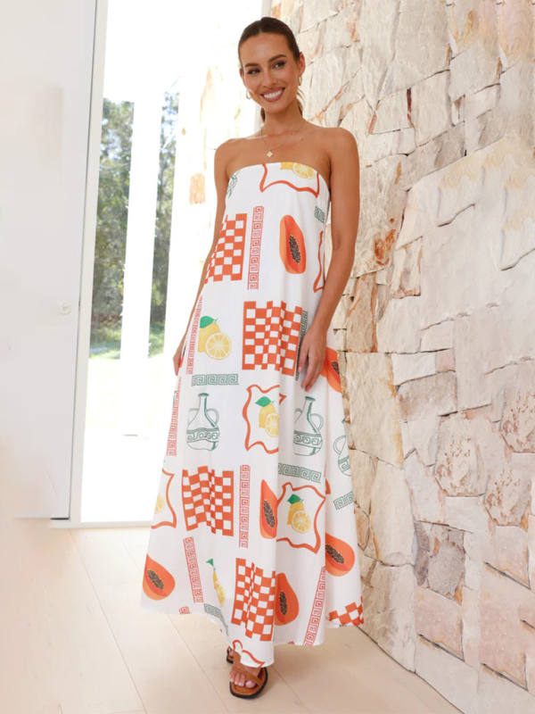 Women's Tropical Print Strapless Maxi Dress with Flowy Design