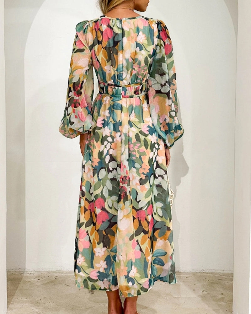 Women's Long-Sleeve Maxi Dress with Floral Print and V-Neck