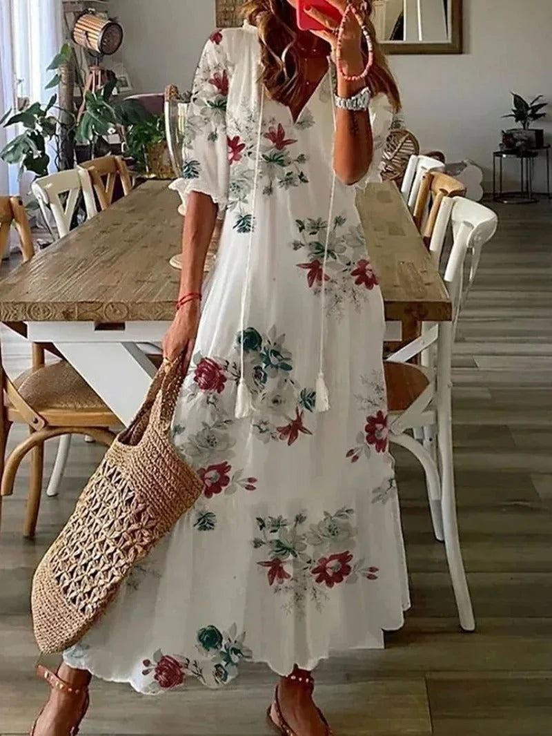 Women's Flowy Floral Long Dress with Sleeves
