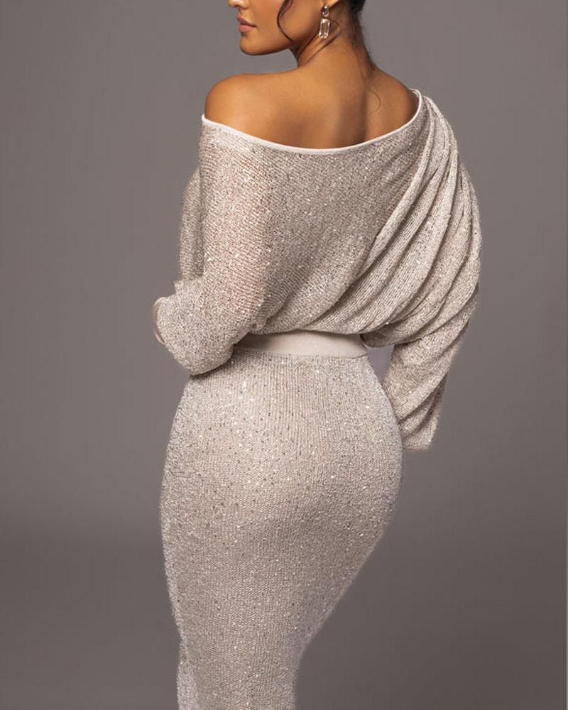 Women's Off-Shoulder Maxi Dress with Batwing Sleeves and Shine