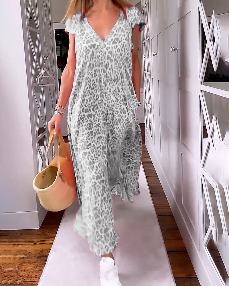 Women's V-Neck Maxi Dress with Animal Print and Relaxed Fit
