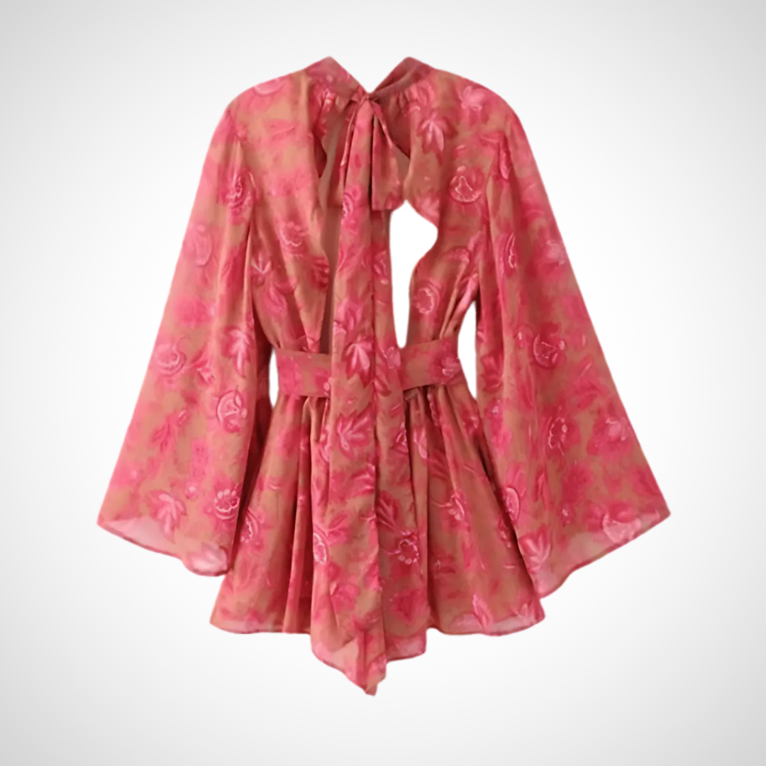 Women's Long Sleeve Belted Jumpsuit with High Neck and Flowing Sleeves