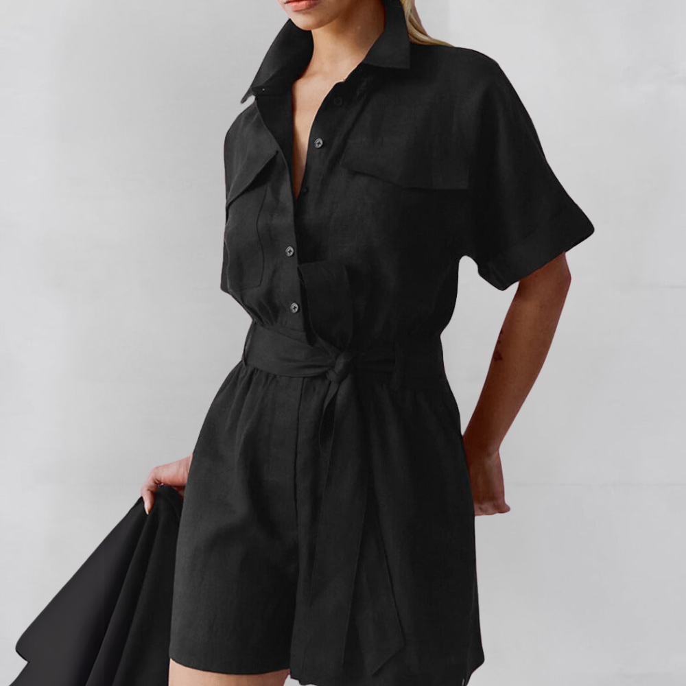Women's Short Sleeve Belted Button-Up Jumpsuit with Flowy Shorts