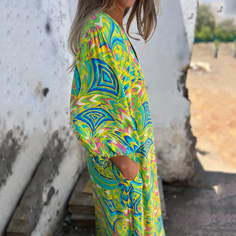 Women's Printed Maxi Dress with V-Neck and Relaxed Fit Sleeves