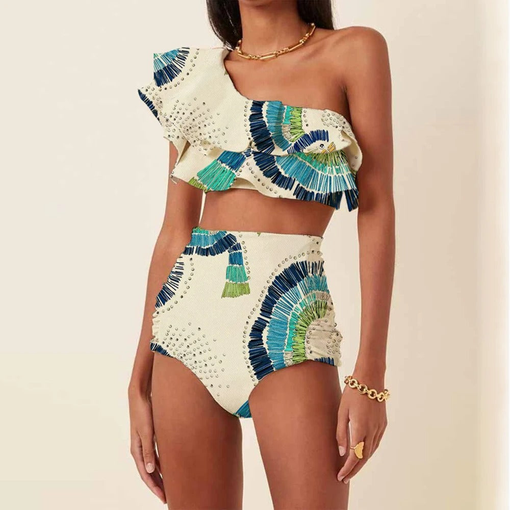 Women's One-Shoulder High-Waist Bikini Set with Embellished Detail