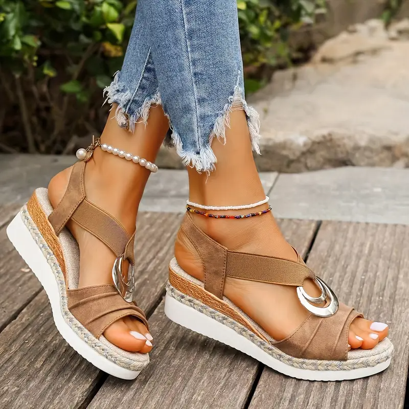 Women's Platform Sandals with Crisscross Straps and Metallic Ring Detail
