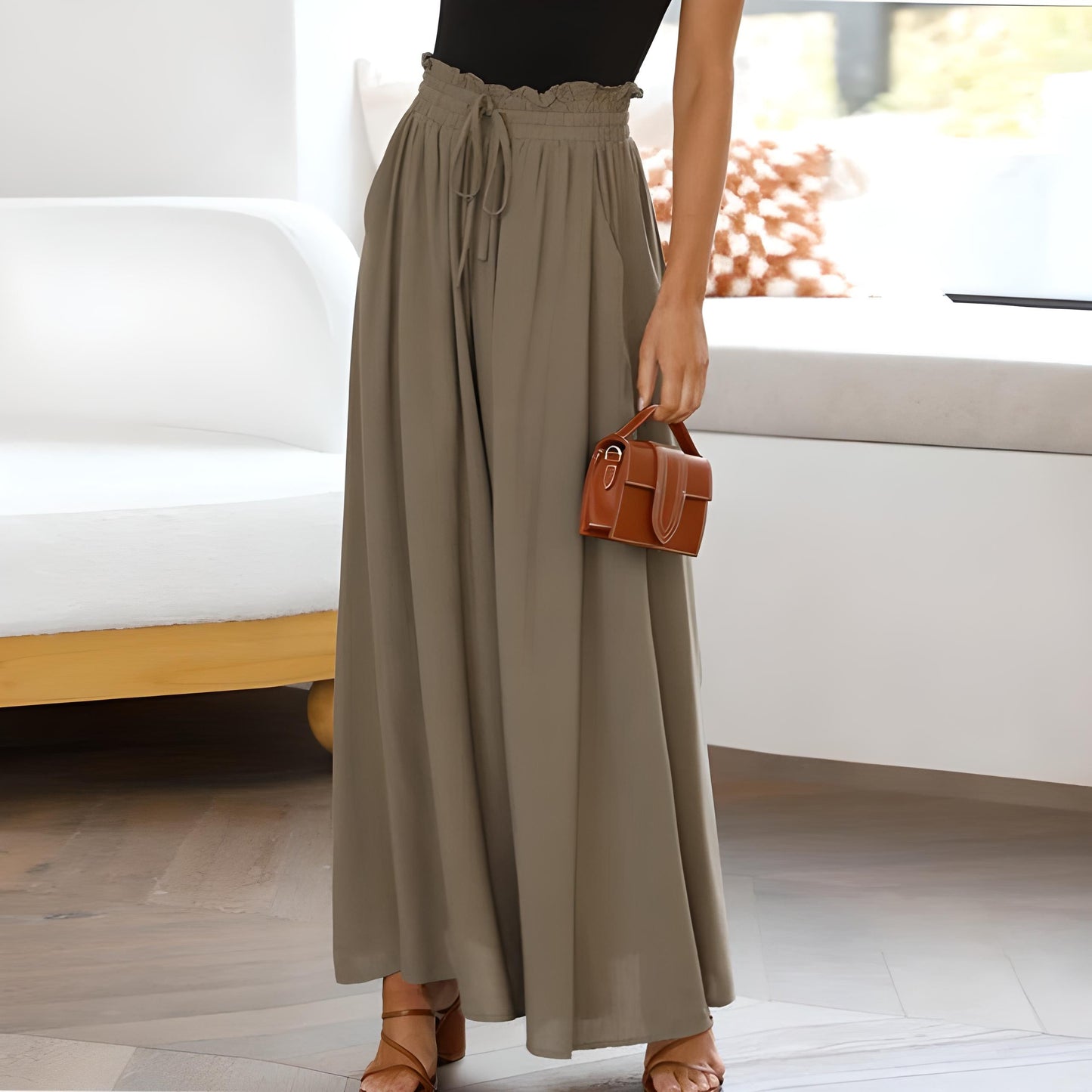 Women's Wide Leg High Waist Pants with Drawstring and Relaxed Fit