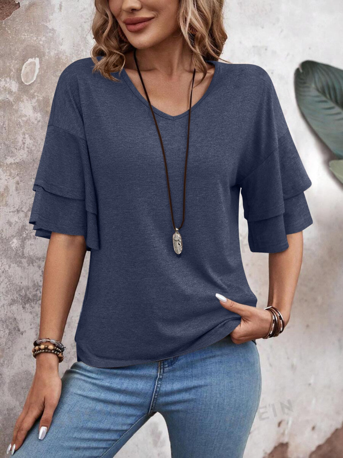 Women's Ruffle Sleeve V-Neck Blouse
