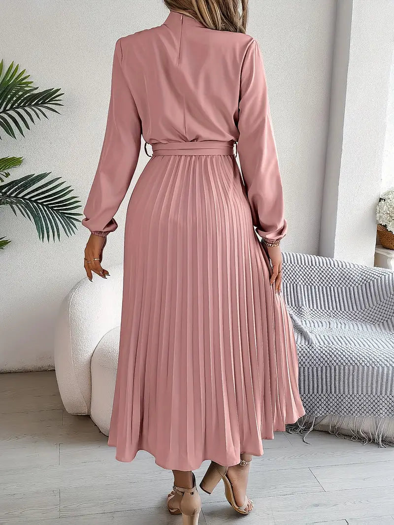 Women's Chic Pleated Midi Dress with Belted Waist