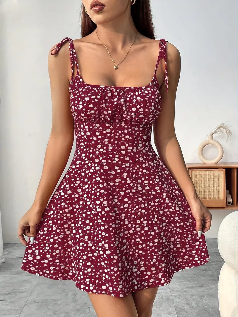 Women's Mini Dress with Floral Print and Tie Straps