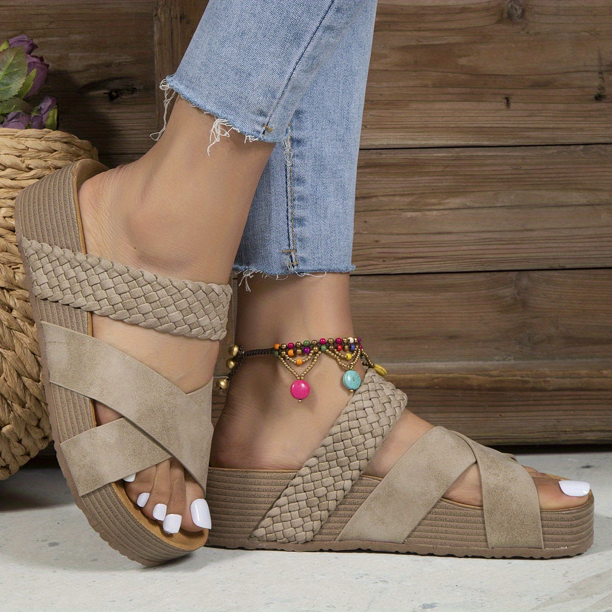 Women's Slip-On Wedge Sandals with Braided Crossover Straps