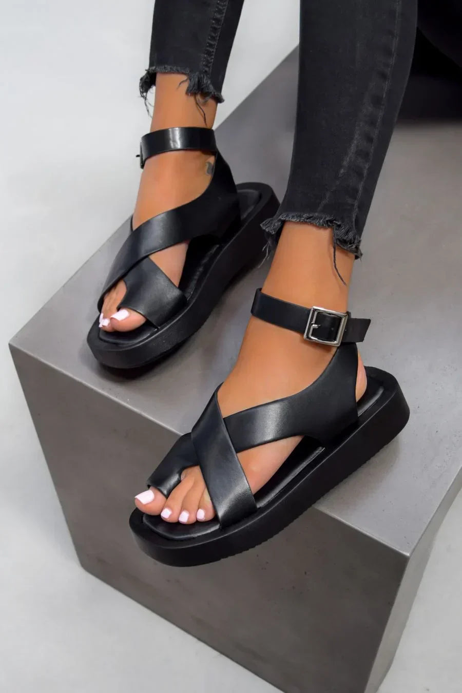 Women's Platform Sandals with Criss-Cross Straps and Ankle Buckle