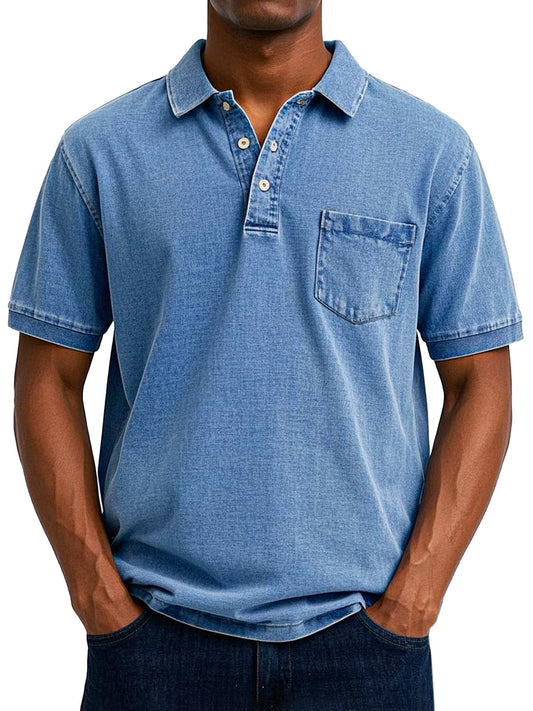 Men's Relaxed Fit Denim Polo Shirt with Chest Pocket Detail