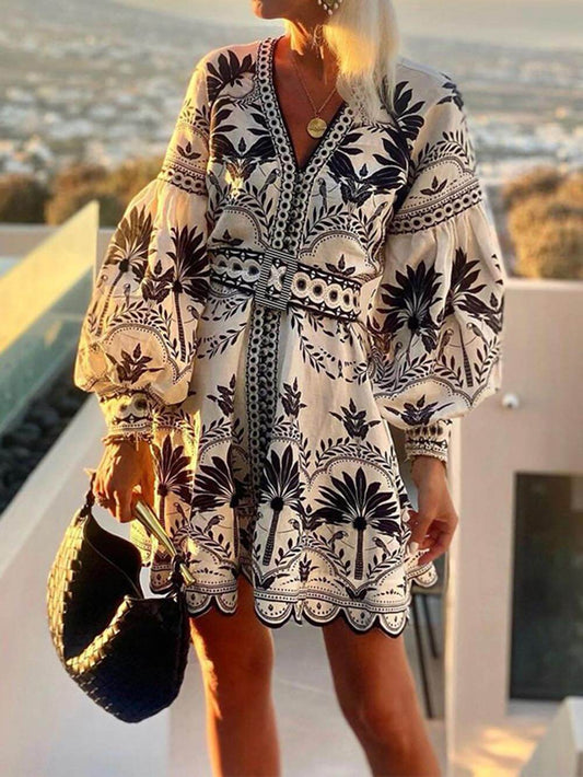 Women’s Printed Beach Loose Mini Dress with Puff Sleeves