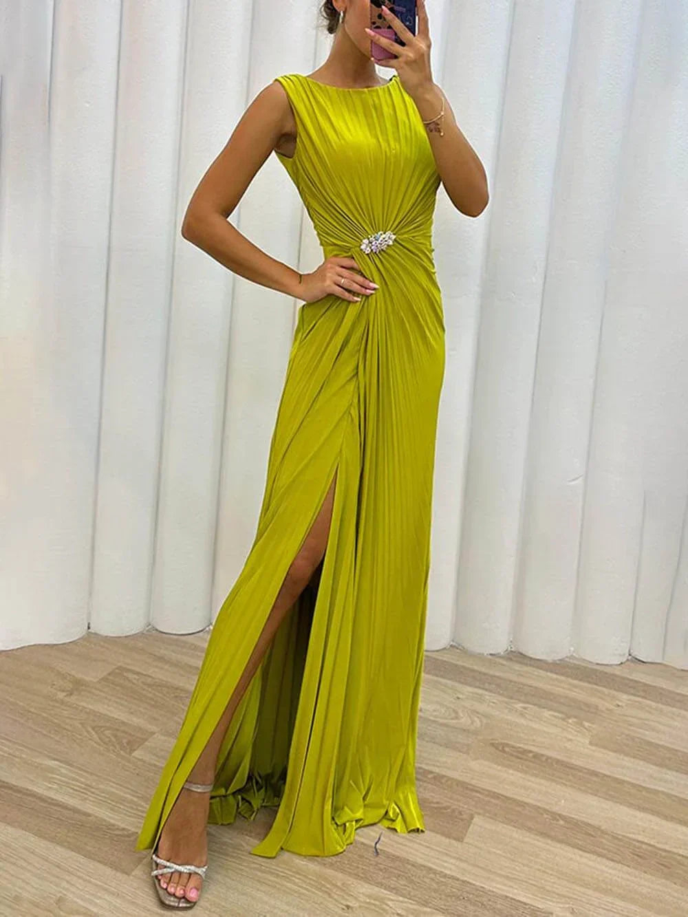 Women's Pleated Maxi Dress with High Slit and Pin Detail