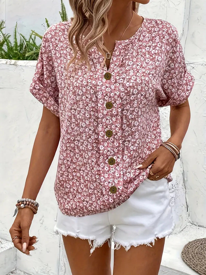 Women's Short-Sleeve Floral Button-Front Blouse