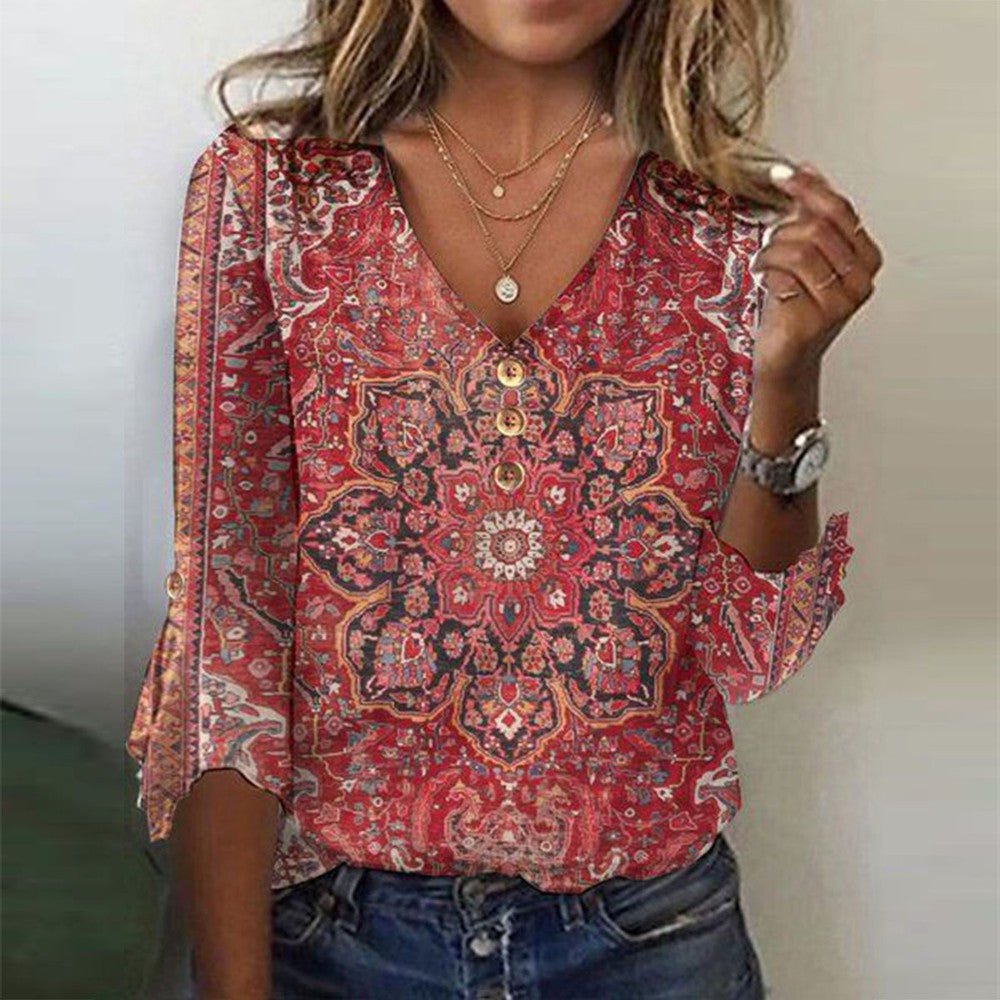 Women's Floral V-Neck Button-Down Blouse with Flowing Sleeves