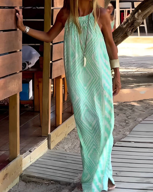 Women's Halter Neck Maxi Dress with Geometric Print and Slit Hem