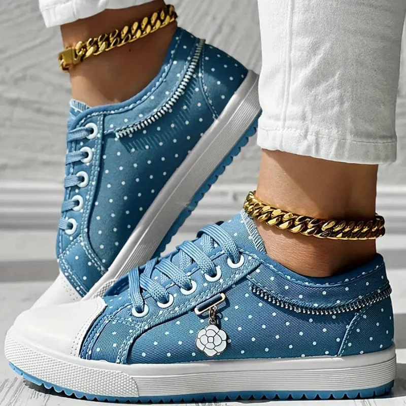 Women's Casual Sneakers with Lace Mesh and Polka Dot Design