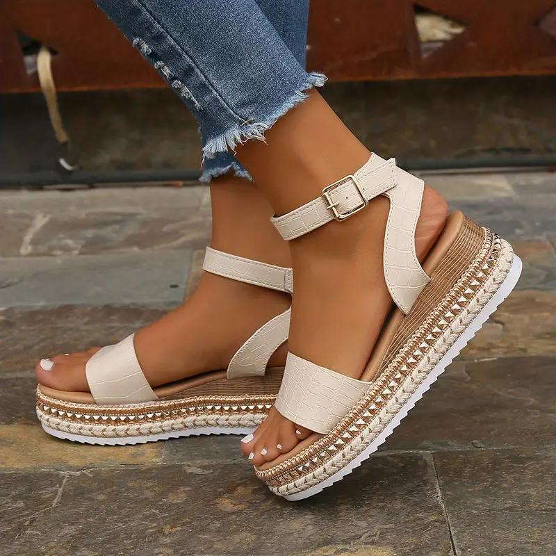 Women's Platform Espadrille Sandals with Buckle Strap and Stud Trim