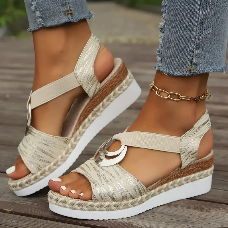 Women's Chic Wedge Sandals with Decorative Ring and Adjustable Strap