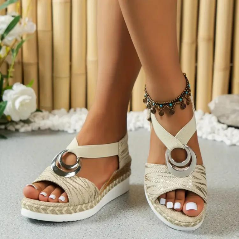 Women's Chic Wedge Sandals with Decorative Ring and Adjustable Strap