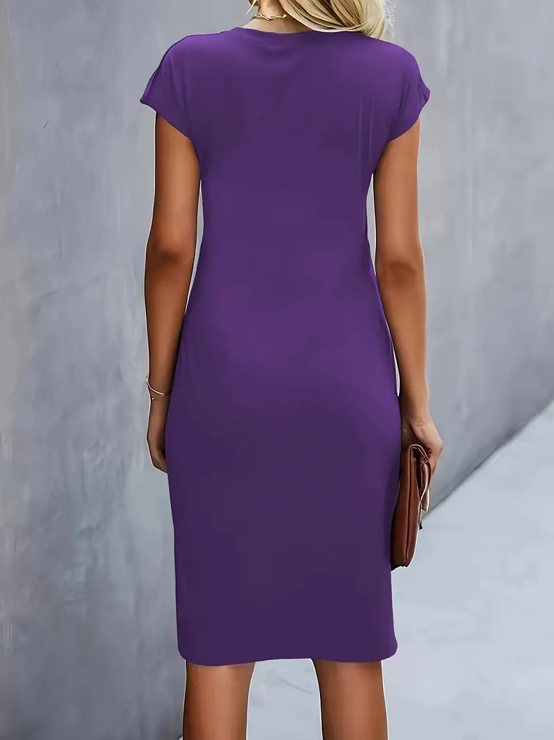 Women's Knee-Length Sheath Dress with Ruched Waist and Cap Sleeves