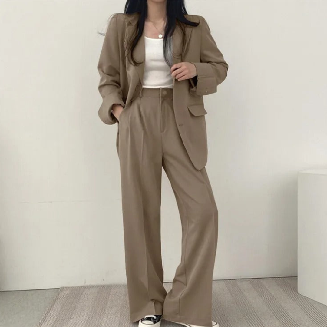 Women's 2-Piece Suit Set with Blazer and High-Waisted Trousers