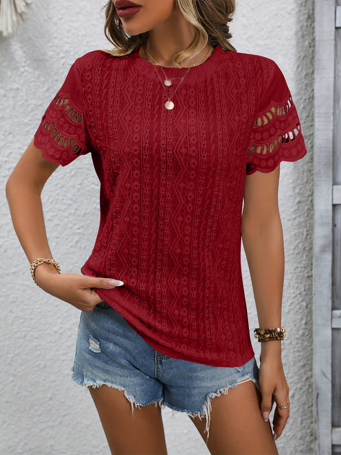 Women's Short-Sleeve Eyelet Top with Round Neck and Scalloped Detail