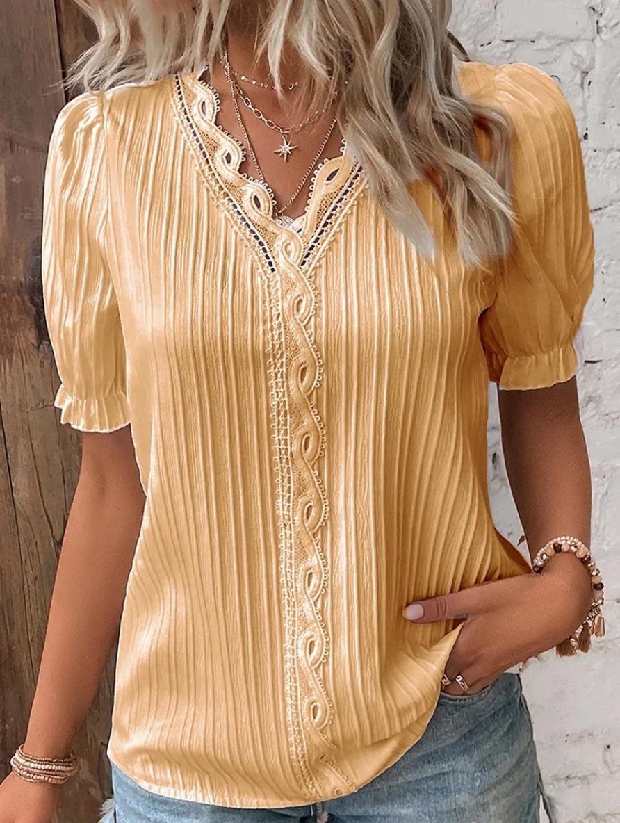 Women's Pleated V-Neck Blouse with Puff Sleeves and Lace Trim