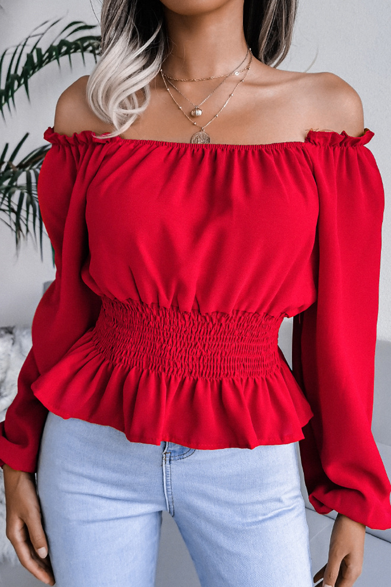 Women's Off-Shoulder Blouse with Smocked Waist and Ruffled Hem